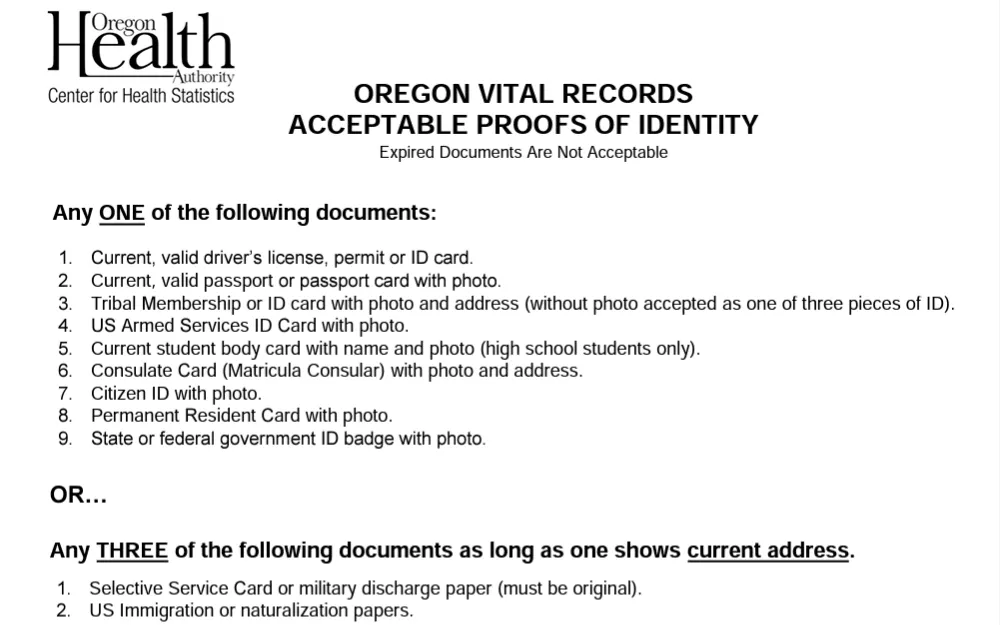 A screenshot of the form that lists the acceptable proofs of identity as a requirement for obtaining vital records in Oregon.