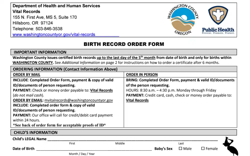 A screenshot of the search form used to obtain birth documents in Washington County, Oregon.
