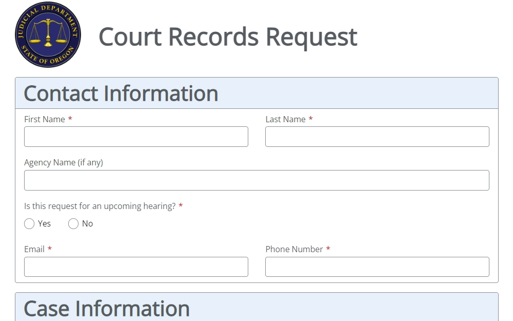 A screenshot of the form used to obtain court data in the state of Oregon.