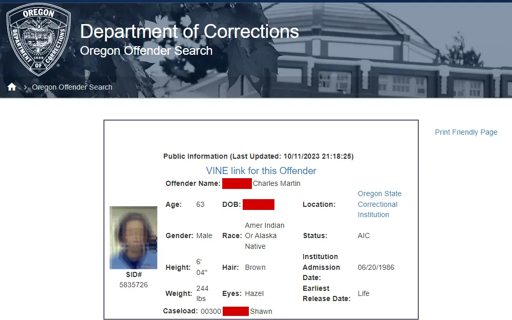 A screenshot of the search tool that offers information about individuals in custody in the state.