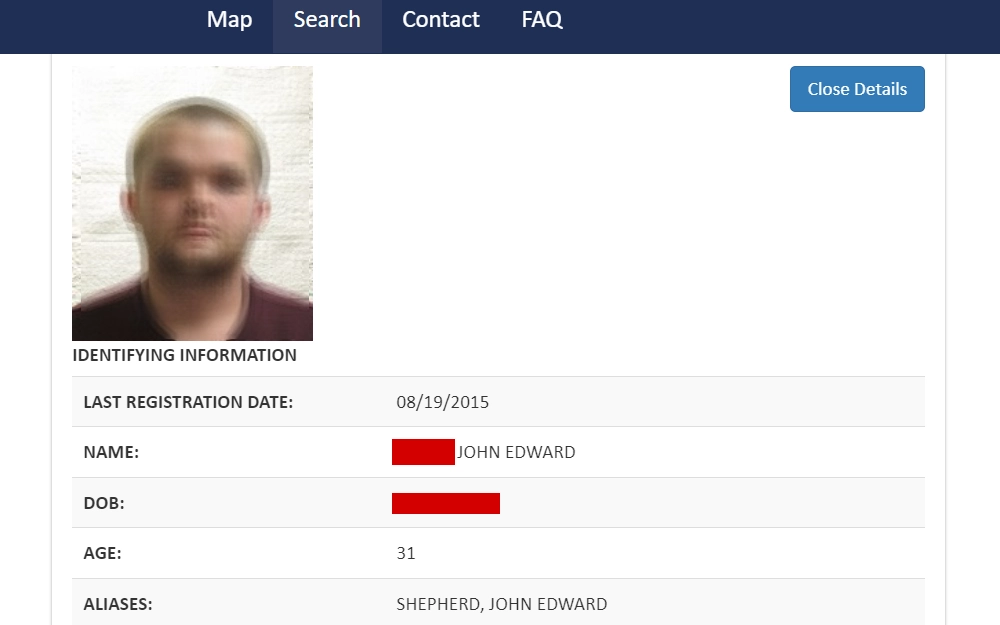 A screenshot of the sex offender search tool that provides searches by name and by map, which are useful for those who aren’t looking for a specific individual but want to know who is registered in the area they live or work.