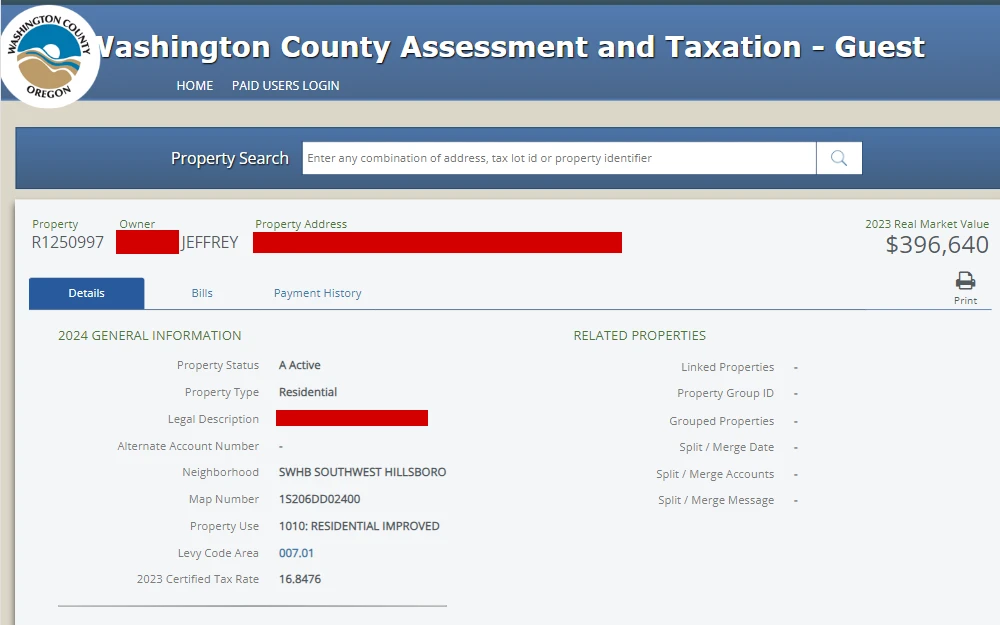 A screenshot of the search tool which is the repository for property information in the area.